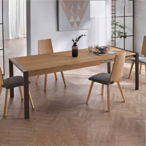 Mesa de comedor TEMA-Madera con encimera en madera natural y estructura metálica oxido