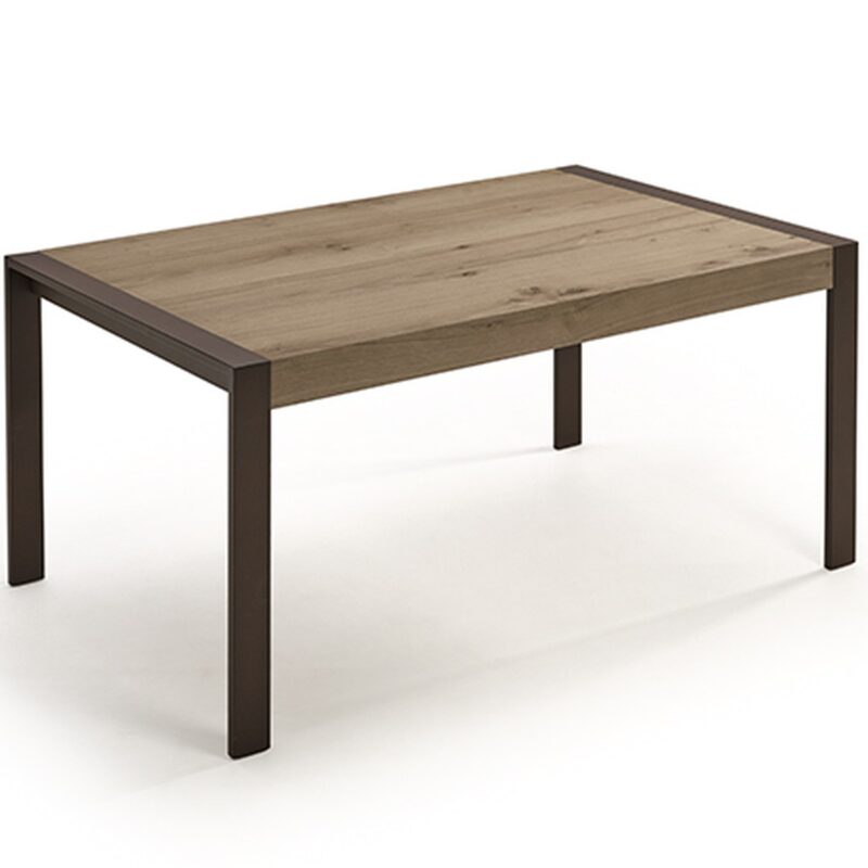 Vista de la mesa rectangular modelo tema . Encimera madera y pata metálica