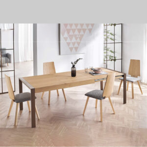 Mesa de comedor TEMA-Madera con encimera en madera natural y estructura metálica oxido