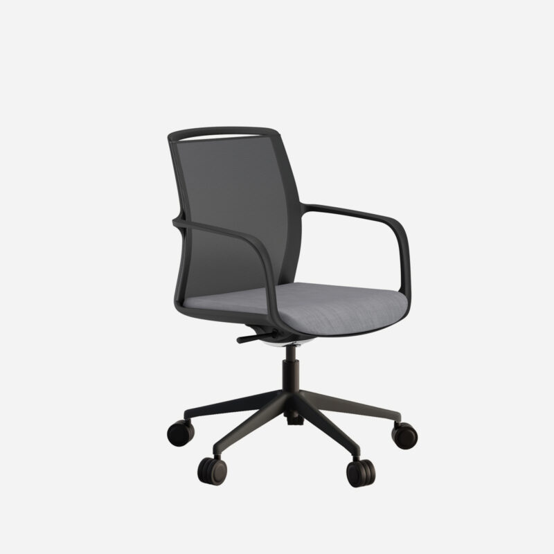 silla Juno negra con respaldo de malla y asiento gris, base giratoria con rueda