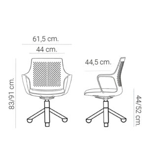 Plano técnico de silla de oficina ergonómica con ruedas, respaldo ventilado y altura regulable