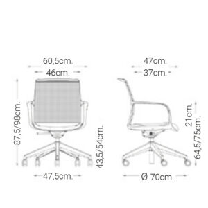 Planos técnicos con medidas de la silla Juno giratoria de Intacor, vista frontal y lateral
