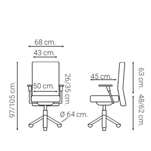 Diagrama técnico de la silla LUKAT Minimal de Intacor con medidas detalladas: altura ajustable, ancho entre reposabrazos, profundidad del asiento y diámetro de la base