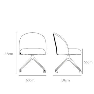 Dibujo técnico de la Silla Cork Giratoria de Intacor con medidas detalladas: altura total 85 cm, ancho 60 cm, profundidad 59 cm y altura del asiento 55 cm.