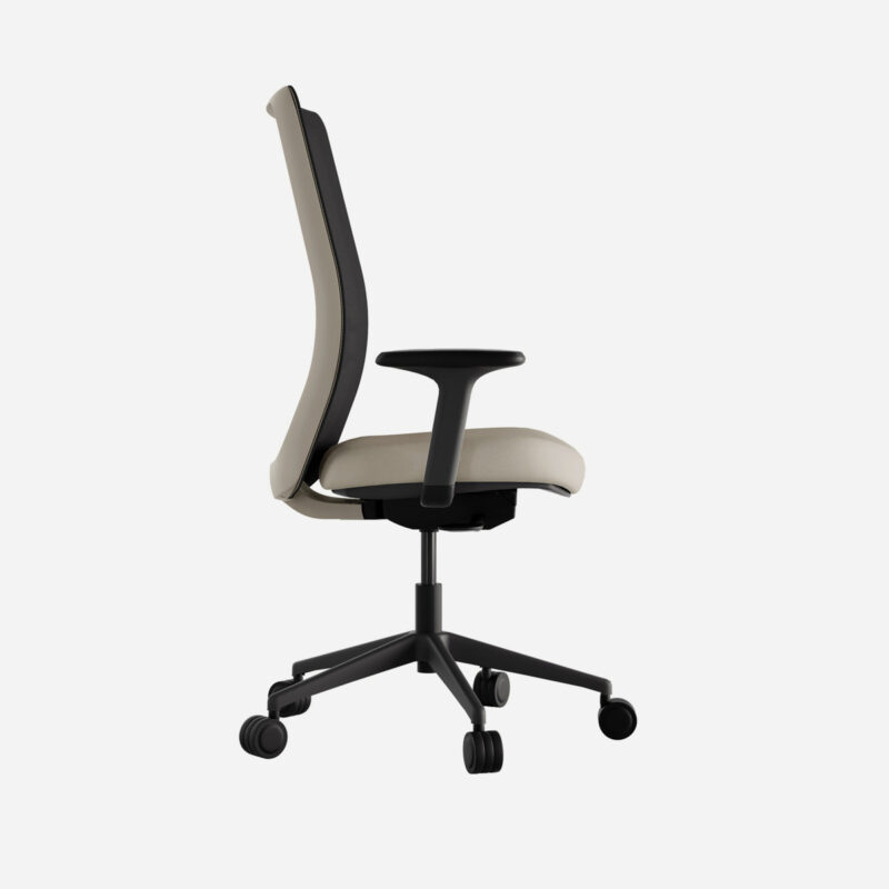 Lateral de la Silla ergonómica Evos acabado gris. Con respaldo en malla.