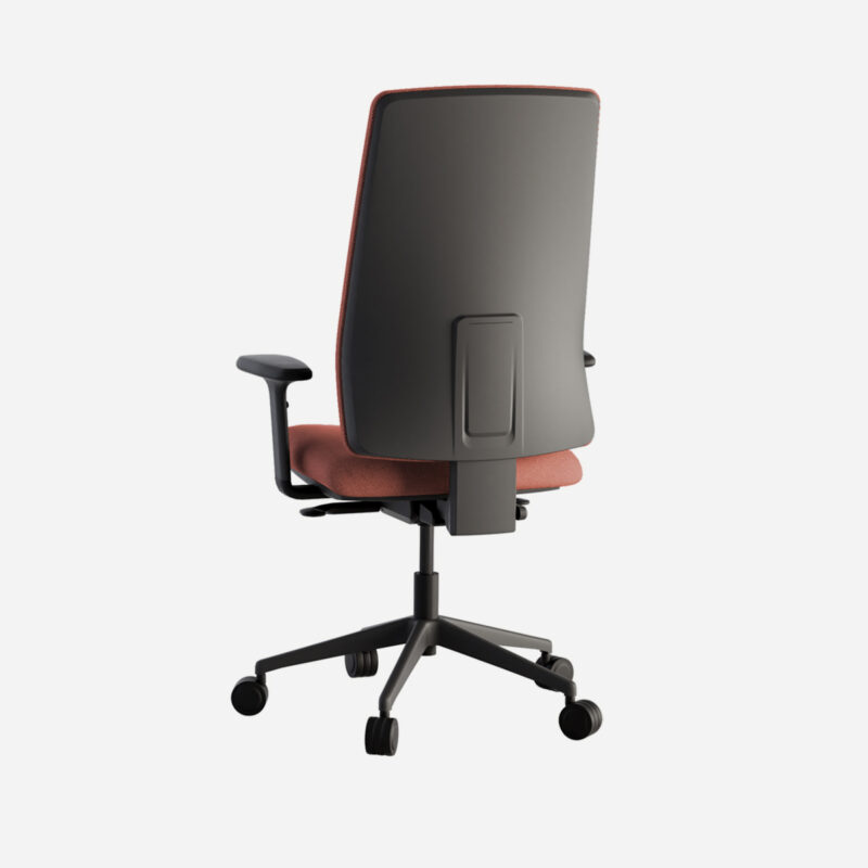 vista trasera de la silla queen fabric en tapizado rojo, con marco trasero negro