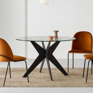 vista primer plano de la mesa mon redonda de cristal con patas metálicas en antracita