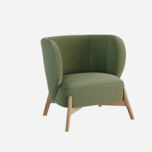 Butaca tapizada rein acabado verde con patas de madera natural- diseño moderno