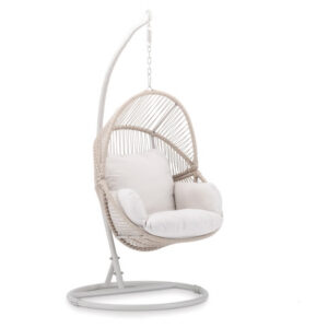 Silla Colgante Bird con trenzado en cuerda y estructura metálica, ideal para terrazas y espacios de relax.